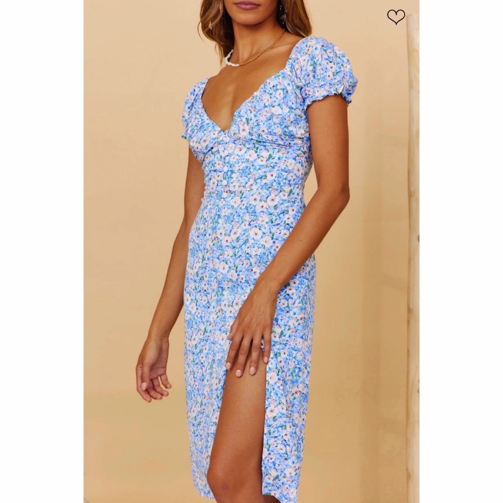Hello Molly Blue Floral Midi Dress with Puff Sleeves